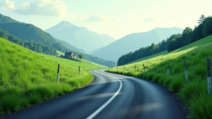 Serene Winding Road Through Lush Green Meadows and Rolling Hills Towards a Distant Farmhouse
