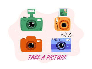 Cartoon-style illustration of colorful cameras in green, orange, and blue on a soft pink background. The phrase Take a Picture is written below. Vector illustration