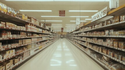 Empty supermarket aisle with shelves stocked with canned goods and packaged food.