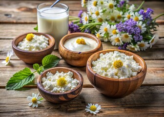 Fresh Cottage Cheese & Milk Macro Photo: Rustic Wooden Background with Flowers