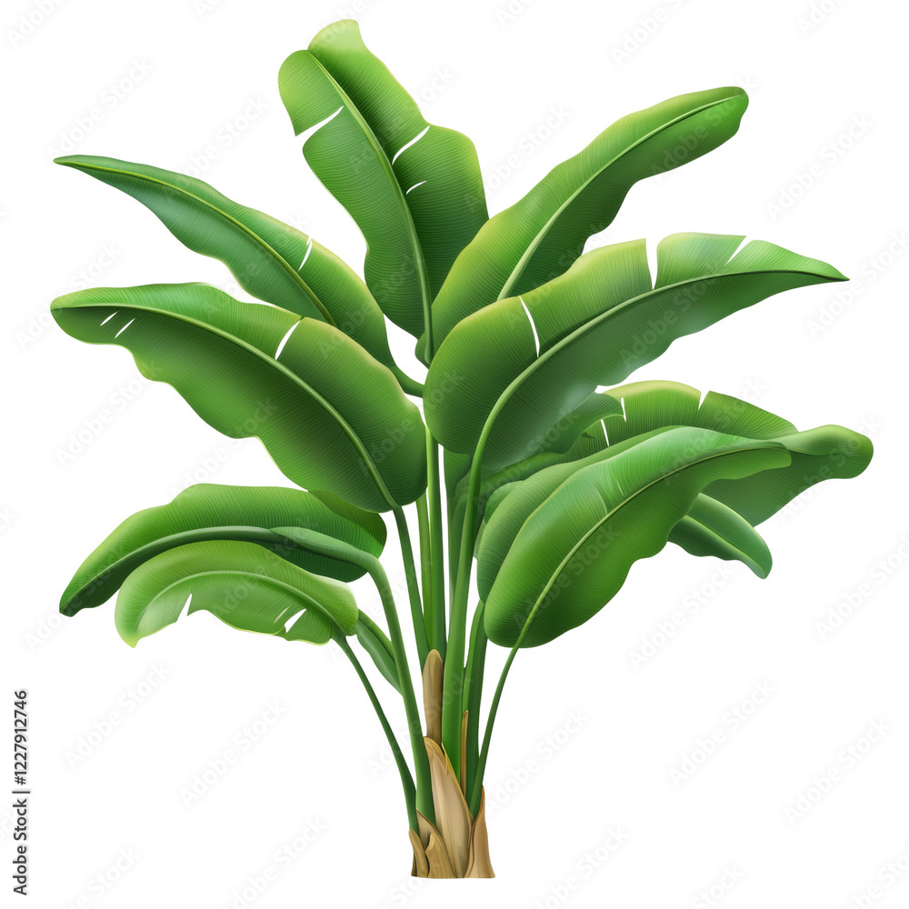 Poster a digitally rendered image showcases a vibrant green banana plant with multiple large leaves against