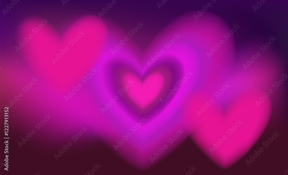Poster abstract aura background with neon pink and violet hearts on a defocused backdrop.