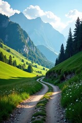 Serene Mountain Vista A Winding Country Road Through Lush Green Meadows and Majestic Peaks Under a Brilliant Sunny Sky