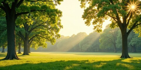 Fototapeta premium Serene Sunrise Illuminating a Verdant Meadow with Majestic Trees Casting Long Shadows