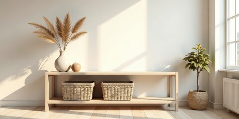 Serene Minimalist Interior Design Featuring a Light Wooden Shelf with Woven Baskets, Dried Pampas Grass in a Vase, and a Small Potted Plant