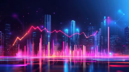 Fototapeta premium A vibrant cityscape illuminated by neon lights with floating holograms displaying increasing GDP metrics and flourishing businesses in animated sequences.