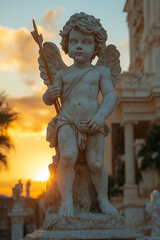 Obraz premium Photo d’une statue de Cupidon avec arc et flèche dorés, avec un ciel nuageux au coucher du soleil