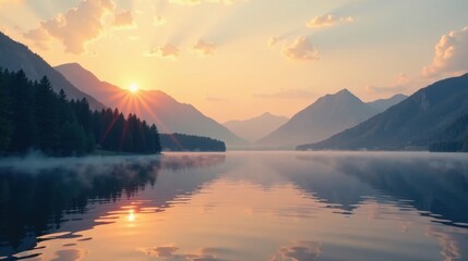 Serene sunrise over a tranquil lake nestled amidst majestic mountains, reflecting the golden hour's peaceful ambiance
