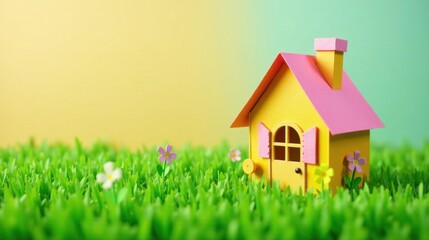 A cheerful yellow miniature house nestled in vibrant green grass, adorned with delicate spring flowers, symbolizes dreams of homeownership and idyllic living