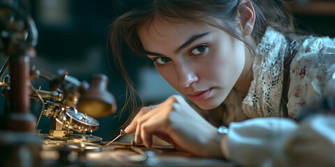 Antique Clock Tinkering, Timepiece Restoration, Vintage Watch Repair, Intricate Mechanical Parts, Old Timekeeping Workshop, Retro