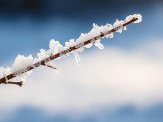 Obraz premium Close-up shot of delicate ice crystals forming on the surface of a frozen winter branch in the morning light, morning light, ice crystals