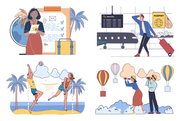 Four illustrations showcasing travel and vacation activities: planning, airport scene, beach volleyball, and hot air ballooning. Vector illustration