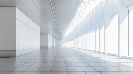 A modern, minimalist corridor with white walls, floor, and ceiling, and large windows.