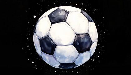 Naklejka premium Watercolor painting of a classic soccer ball with pentagonal panels floating in a cosmic black background