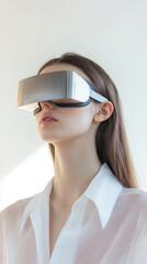 Innovative woman wearing futuristic virtual reality headset indoors with soft lighting