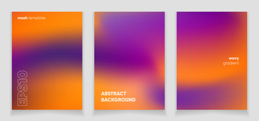 Obraz premium Abstract wavy orange violet liquid background card set with gradient mesh. Blurred fluid colorful background. Modern design template for web covers, ad banners, posters, brochures etc