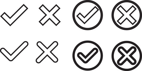 Outline Check Cross: Approval Rejection Icons, Hollow Tick X: Yes No Symbols, Line Art Accept Decline: Positive Negative.