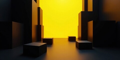 Abstract Black and Yellow Cuboid Composition A Minimalist Scene with Geometric Shapes and Vivid Color Contrast in a Dark Setting