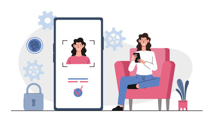 Woman using facial recognition on a smartphone, large device screen with a, fingerprint icon, and lock icon, light background. Vector illustration