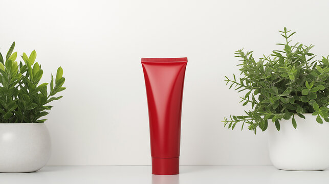 A sleek toothpaste tube featuring striking red packaging and clean white accents is placed on a polished countertop. Its sharp, minimalist branding emphasizes a sense of boldness and freshness. 