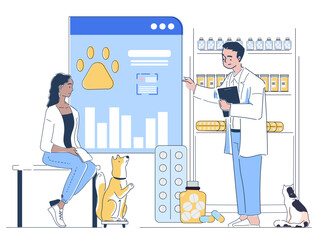 A veterinarian explains pet health data to a woman with a dog, surrounded by medicine shelves, in a clean, modern design. Concept of pet healthcare. Vector illustration