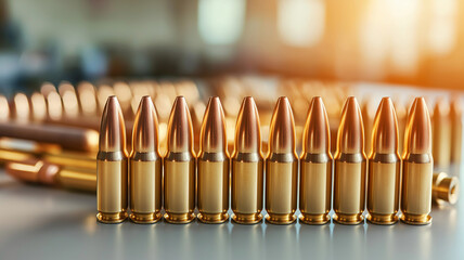 Golden ammunition arranged neatly on table, showcasing precision and craftsmanship. warm light enhances metallic sheen, creating striking visual