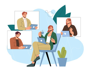 Illustration of professionals in a virtual meeting setup, communicating via laptops. Flat design with plants and abstract background. Collaboration concept. Vector illustration.