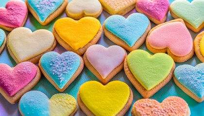 Obraz premium Heart-shaped colorful sweet cookies in pastel shades