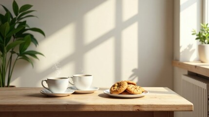 Morning Sunlight Illuminates a Wooden Table Setting with Two Steaming Cups of Coffee and a Plate of Homemade Cookies, Creating a Peaceful and Inviting Atmosphere
