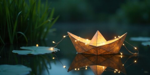 Illuminated Paper Boat Adrift on Serene Water, Glimmering Lights Reflecting in Still Pond at Dusk