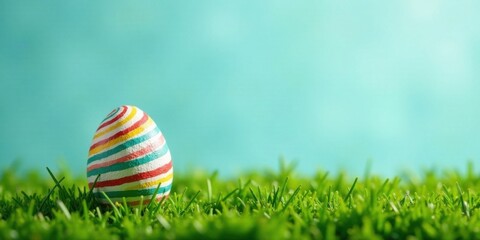 A vibrantly painted egg rests gently in a field of lush green grass against a serene light blue backdrop