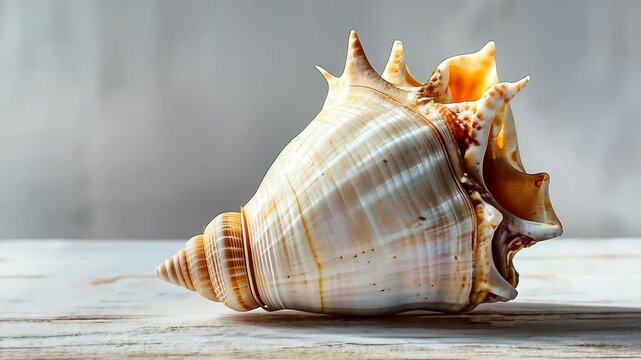 Large conch shell with intricate patterns rests on a weathered wooden surface in soft light