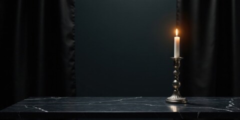 A single flickering candle on a dark marble surface, elegantly positioned within a dimly lit room, creates a serene and contemplative atmosphere.