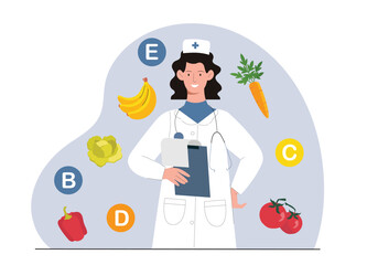 Smiling nutritionist holding a clipboard, surrounded by fruits, vegetables, and vitamin symbols on a light background. Concept of health and balanced nutrition. Vector illustration