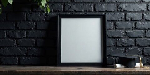 A Blank Frame with Graduation Cap and Diploma on Wooden Surface Against a Dark Brick Wall