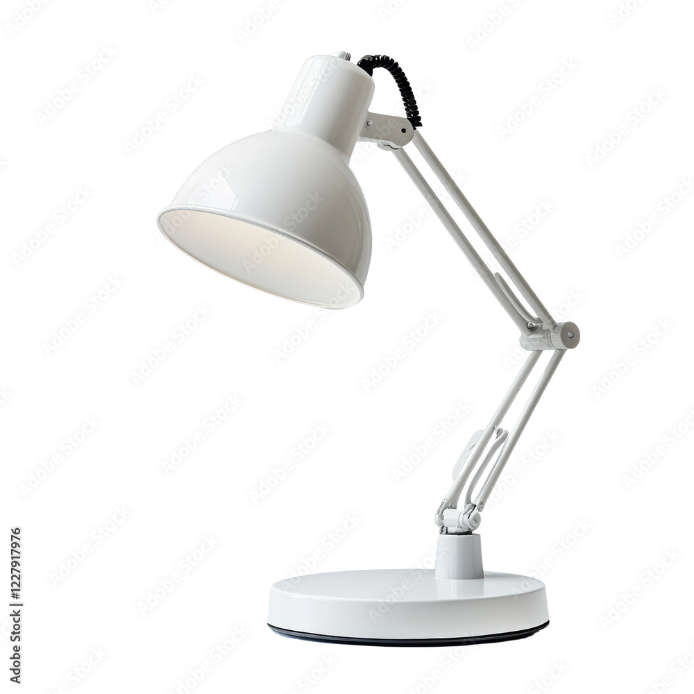 Poster the image shows a white adjustable desk lamp with a broad shade providing focused illumination again