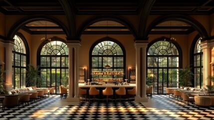 Fototapeta premium Luxurious hotel bar, arched windows, sunlight, garden view, hospitality