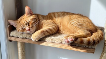 Orange Tabby Cat Sleeping Peacefully On Wooden Cat Shelf