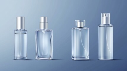 White glass bottle with sprayer and lid for fragrance. Empty transparent cosmetic container mockup. Realistic 3d vector illustration set of perfume water packaging. Essence flask and flacon template.