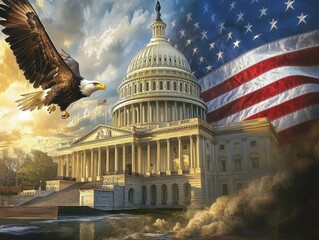 Fototapeta premium the U.S. Capitol building with an American flag and bald eagle in front of it Generative AI