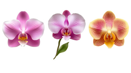 Obraz premium Set of elegant orchid flowers on transparent png background for botanical illustrations, floral design, and nature-themed digital art projects