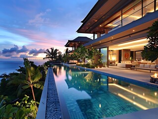 Naklejka premium Lush Hillside, Modern Angular Luxury Tropical Villa with Panoramic Views of Nature and Serene Surroundings