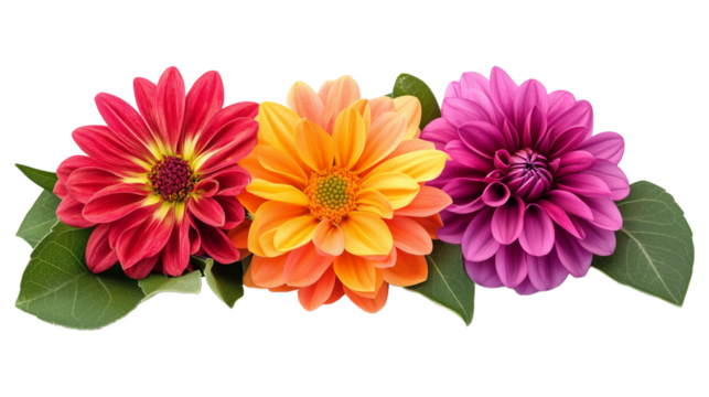 Bright dahlia flower arrangement with red, orange, and purple blossoms on transparent png background. Perfect for digital design, editing, and creative compositions