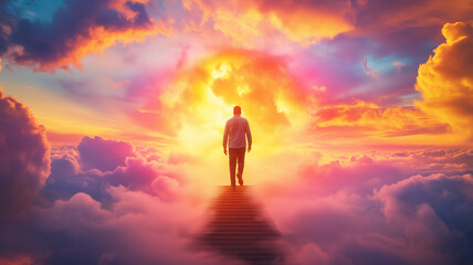 man walking up stairs towards vibrant, colorful sky symbolizes success and aspiration. scene evokes feelings of hope and determination amidst beautiful sunset