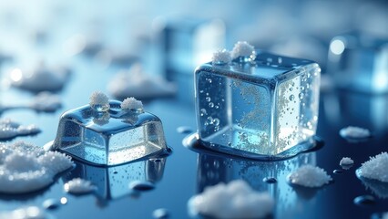 Fresh ice cubes melting on a reflective wet surface with scattered water droplets	