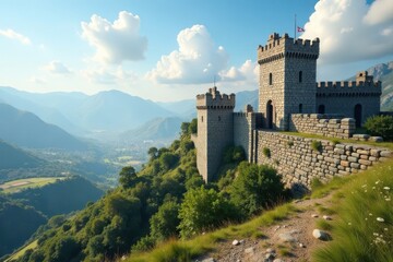 Ancient stone walls with watchtowers and battlements surrounding a sacred site, defensive, wall, ancient
