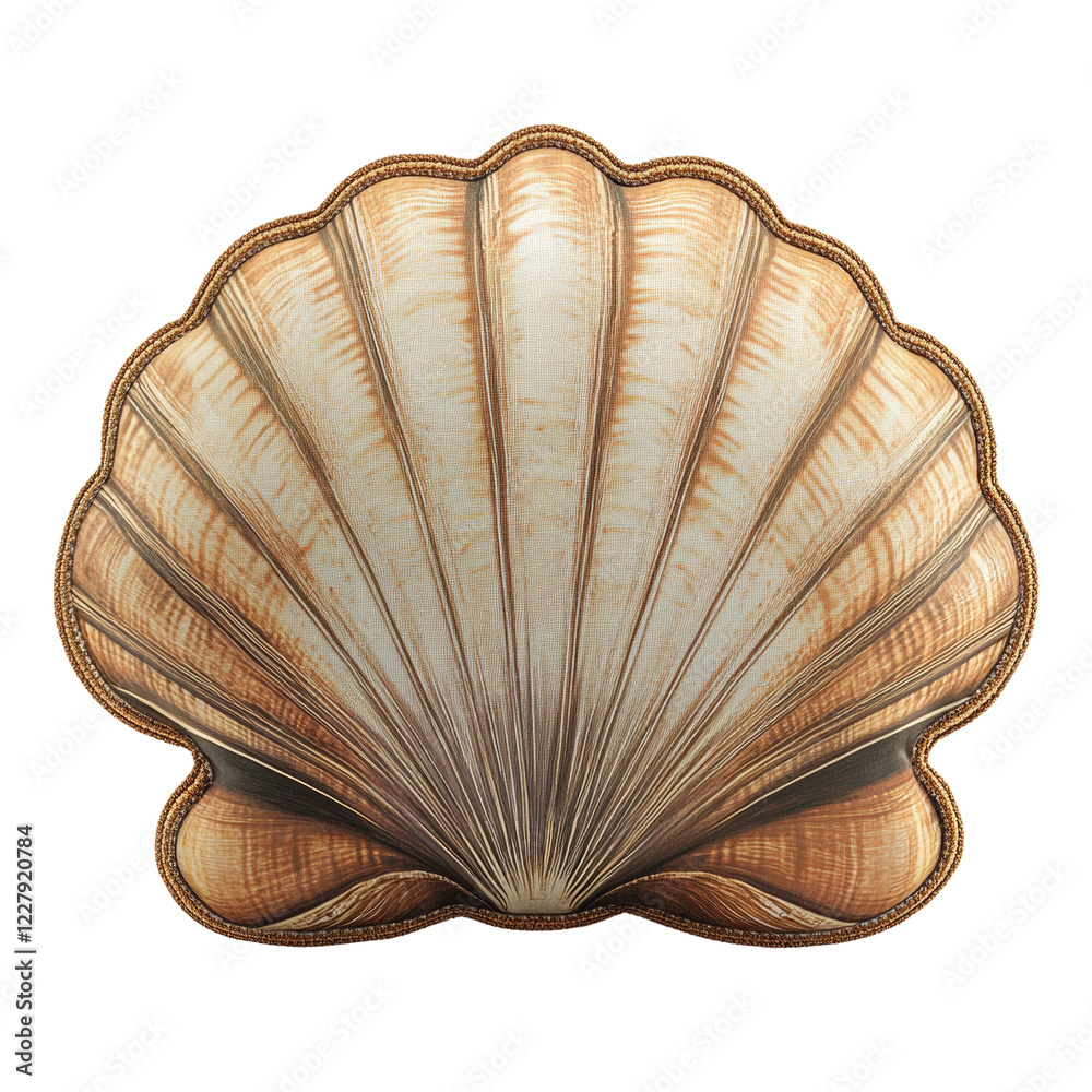 Poster a decorative pillow shaped like a seashell with a beige and brown design and golden trim.