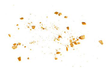The pile of cookies flying, cake crumbs, grunge graphic overlay element isolated on a transparent background