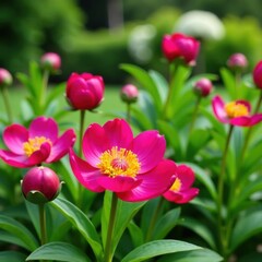Obraz premium Colorful Peony Flowers in Garden Setting , floral, blooming