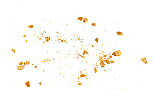 The pile of cookies flying, cake crumbs, grunge graphic overlay element isolated on a transparent background